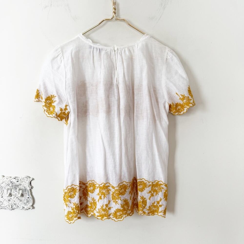 Loft Golden Floral Embroidered Linen Cotton Scalloped Boho Blouse L - Picture 6 of 8